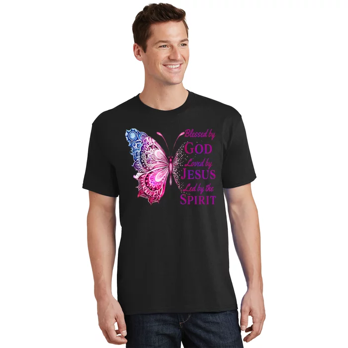 Blessed By God Loved By Jesus Pink Butterfly Christian T-Shirt