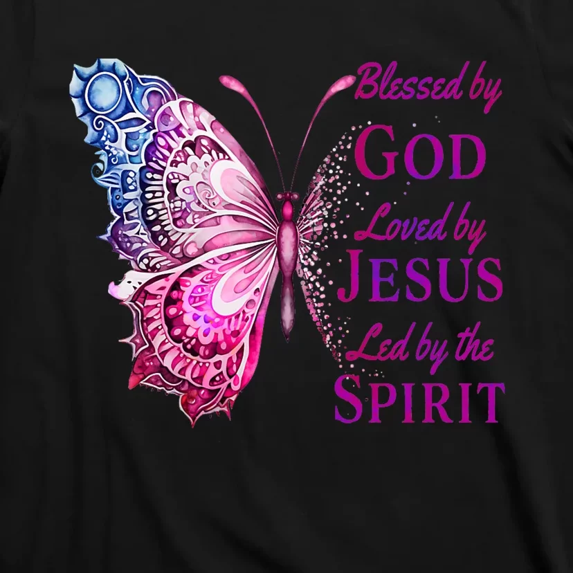 Blessed By God Loved By Jesus Pink Butterfly Christian T-Shirt