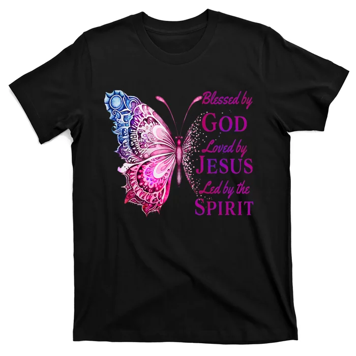 Blessed By God Loved By Jesus Pink Butterfly Christian T-Shirt