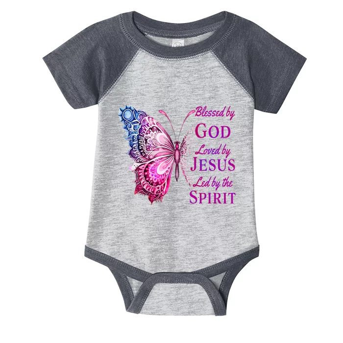 Blessed By God Loved By Jesus Pink Butterfly Christian Infant Baby Jersey Bodysuit