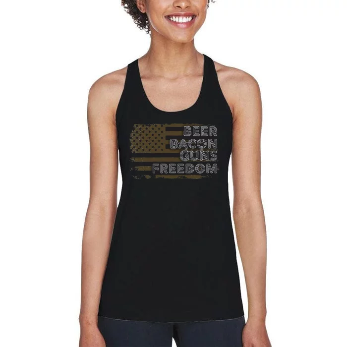 Beer Bacon Guns Freedom US American Flag Patriotic Gun Lover Women's Racerback Tank