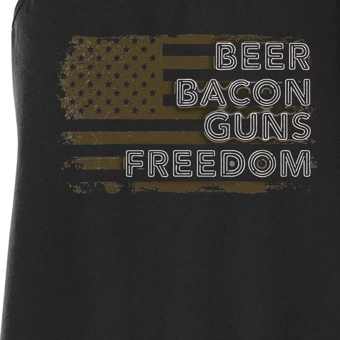 Beer Bacon Guns Freedom US American Flag Patriotic Gun Lover Women's Racerback Tank