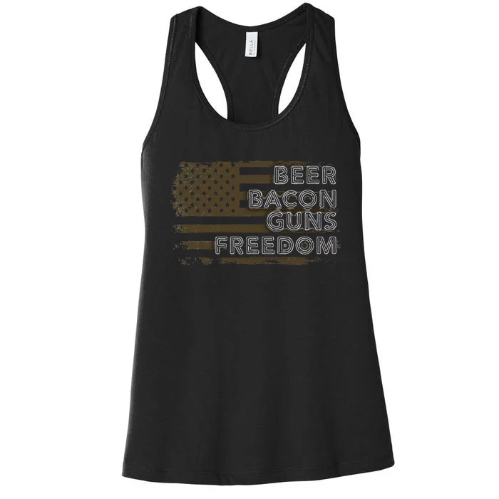 Beer Bacon Guns Freedom US American Flag Patriotic Gun Lover Women's Racerback Tank