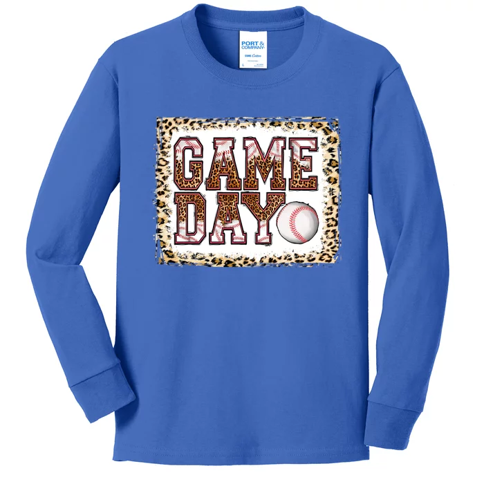 Bleached Baseball Game Day Vibes Leopard Baseball Mom Life Gift Kids Long Sleeve Shirt