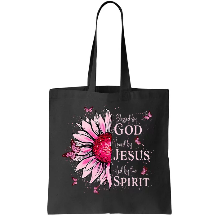 Blessed By God Loved By Jesus Pink Sunflower Tote Bag