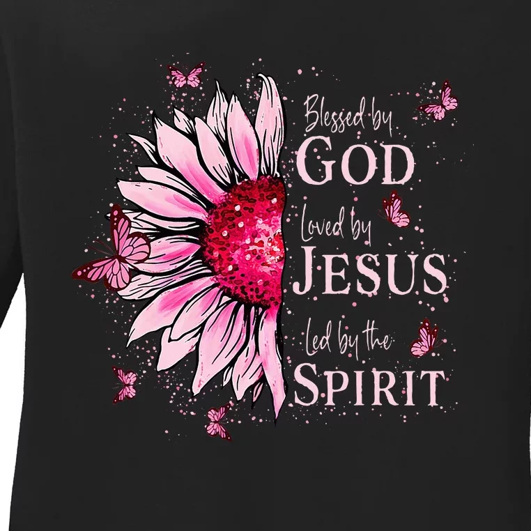 Blessed By God Loved By Jesus Pink Sunflower Ladies Long Sleeve Shirt