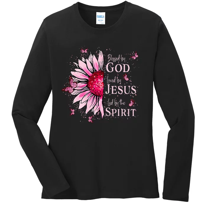 Blessed By God Loved By Jesus Pink Sunflower Ladies Long Sleeve Shirt