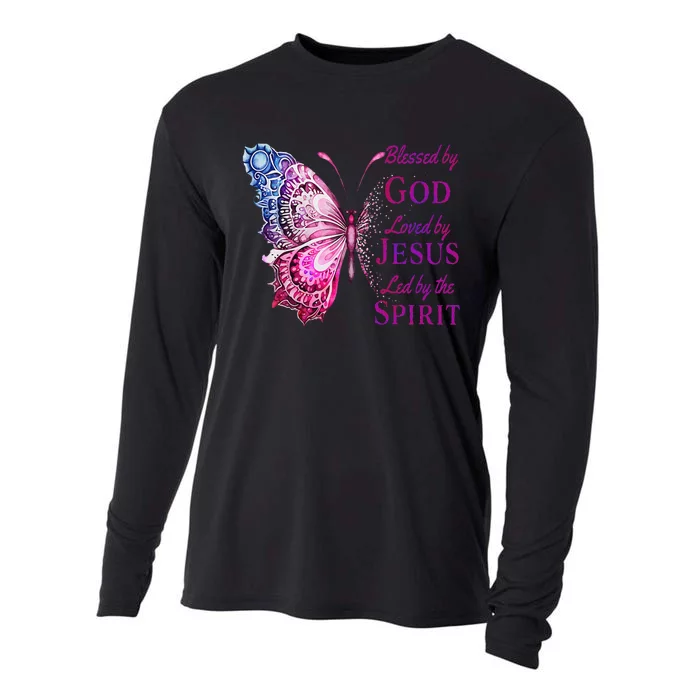 Blessed By God Loved By Jesus Pin.K Butterfly Christian Cooling Performance Long Sleeve Crew