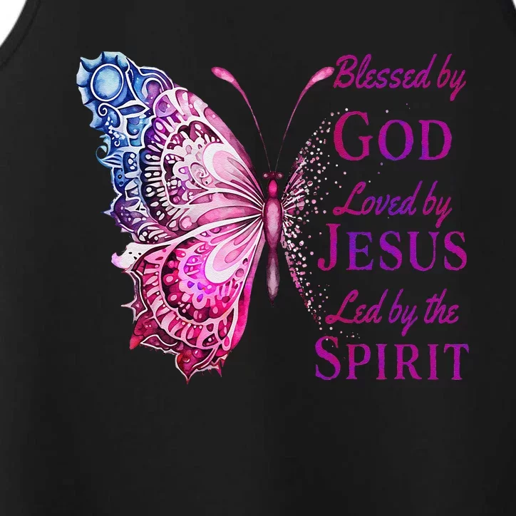 Blessed By God Loved By Jesus Pin.K Butterfly Christian Performance Tank