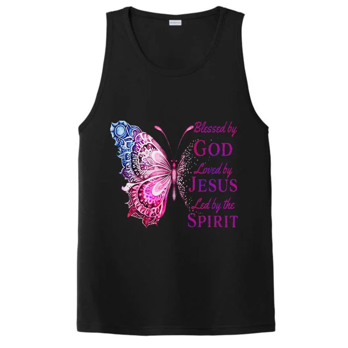 Blessed By God Loved By Jesus Pin.K Butterfly Christian Performance Tank