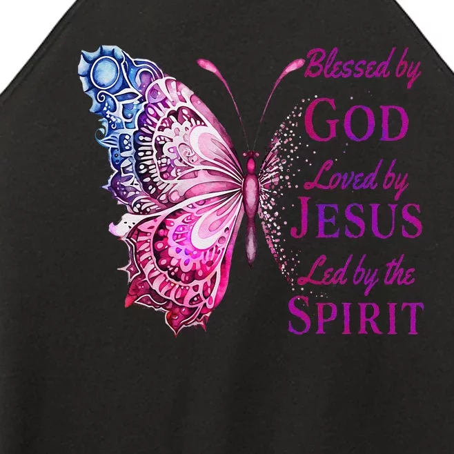 Blessed By God Loved By Jesus Pin.K Butterfly Christian Women’s Perfect Tri Rocker Tank