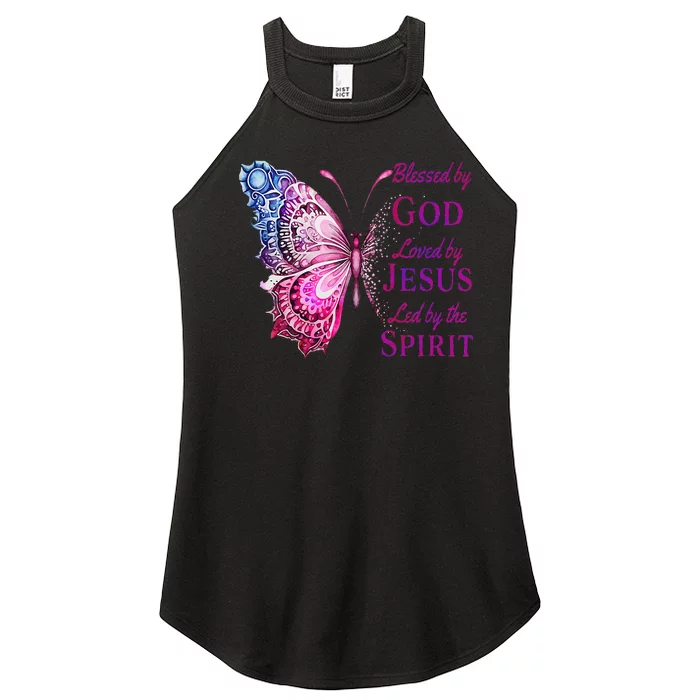 Blessed By God Loved By Jesus Pin.K Butterfly Christian Women’s Perfect Tri Rocker Tank