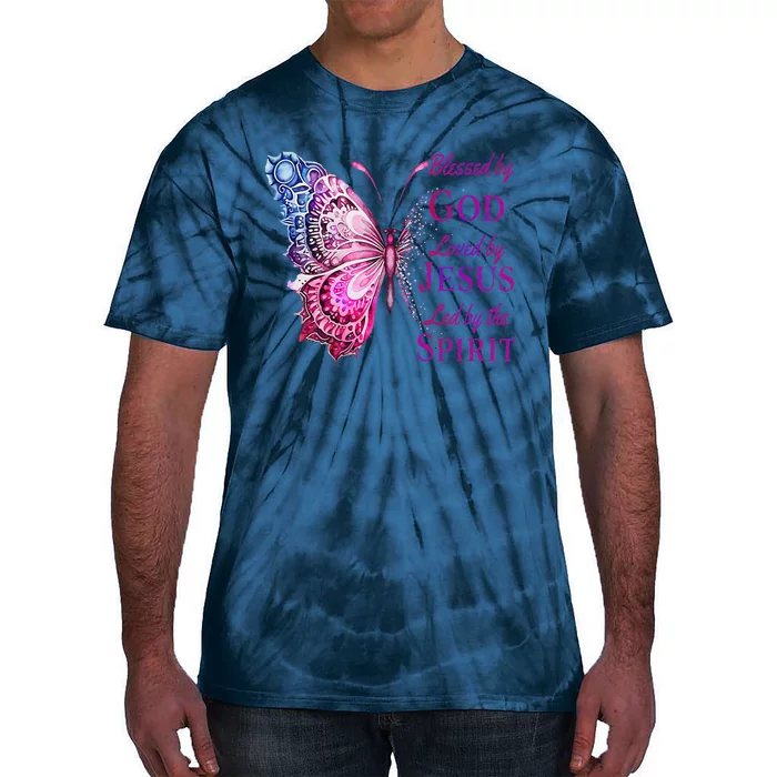 Blessed By God Loved By Jesus Pin.K Butterfly Christian Tie-Dye T-Shirt