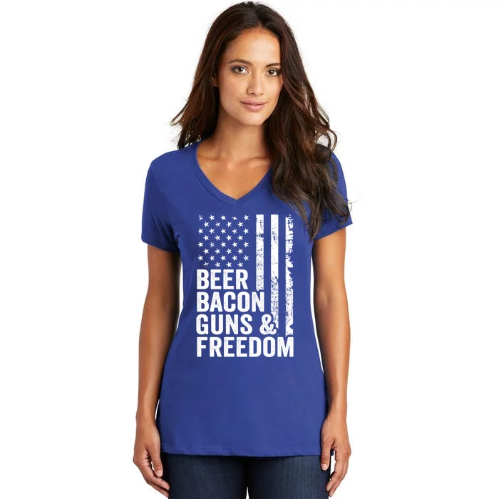 Beer Bacon Guns And Freedom / Usa Bbq American Flag Ing Funny Gift Women's V-Neck T-Shirt