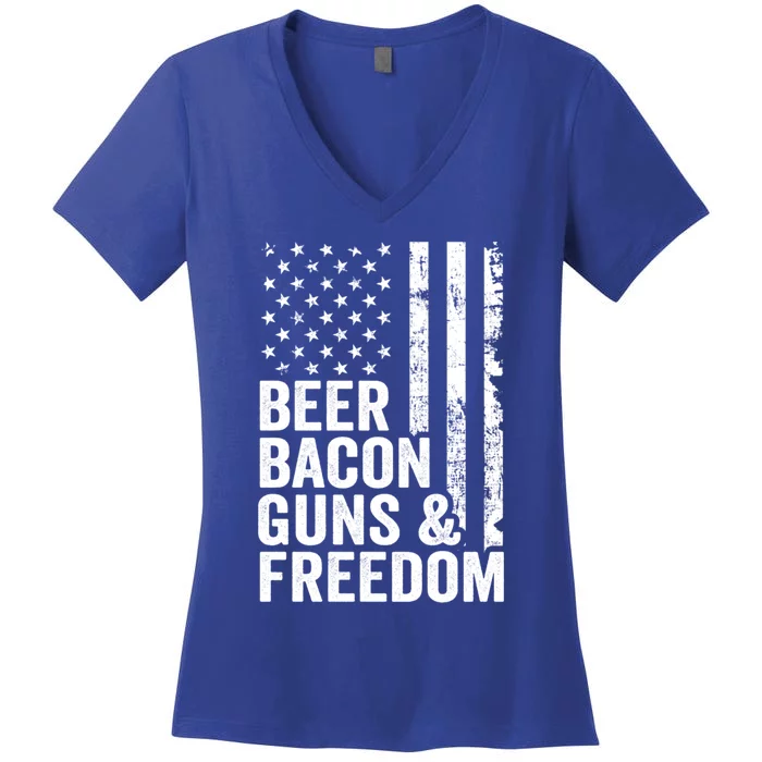 Beer Bacon Guns And Freedom / Usa Bbq American Flag Ing Funny Gift Women's V-Neck T-Shirt