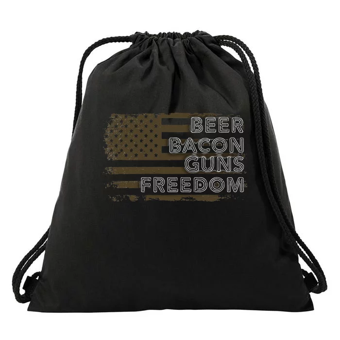 Beer Bacon Guns Freedom US American Flag Patriotic Gun Lover Drawstring Bag