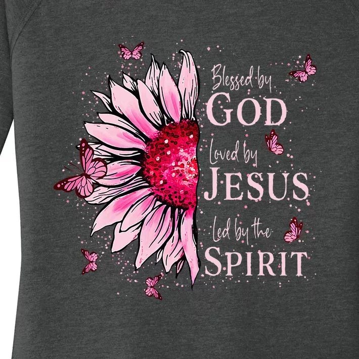 Blessed By God Loved By Jesus Pink Sunflower Women's Perfect Tri Tunic Long Sleeve Shirt