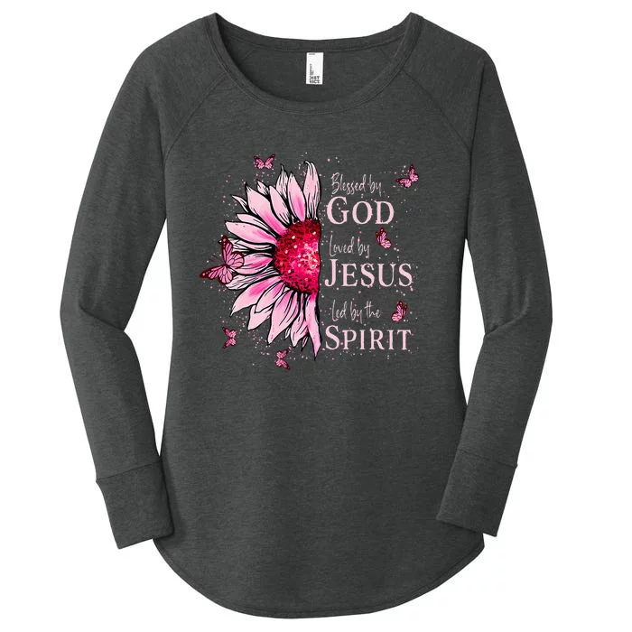 Blessed By God Loved By Jesus Pink Sunflower Women's Perfect Tri Tunic Long Sleeve Shirt