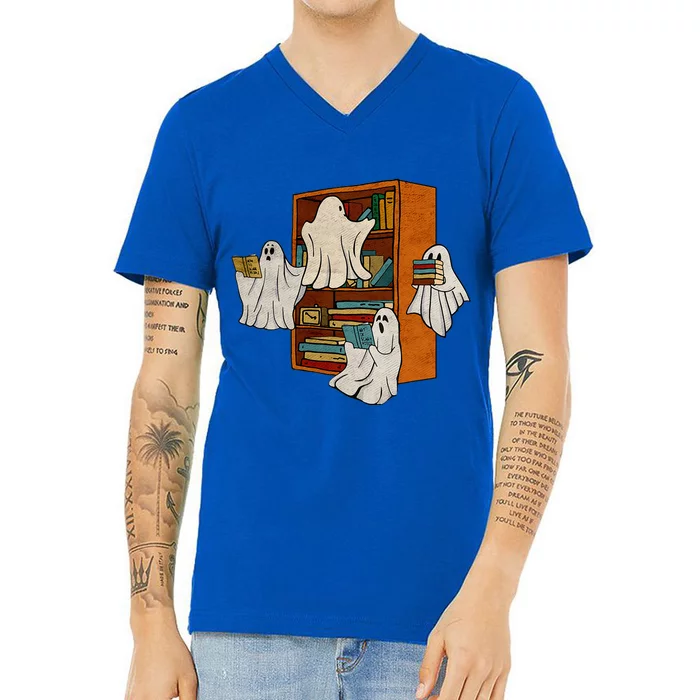 Boo Books Ghost Librarian Halloween Teacher Reading Lover V-Neck T-Shirt