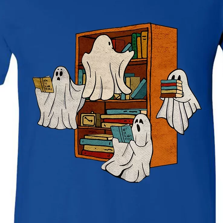 Boo Books Ghost Librarian Halloween Teacher Reading Lover V-Neck T-Shirt