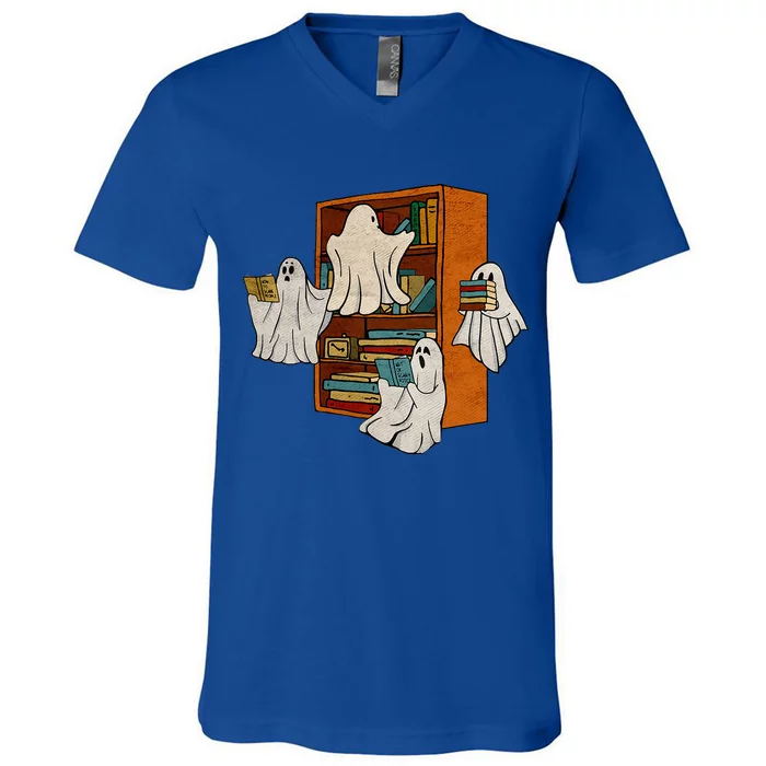 Boo Books Ghost Librarian Halloween Teacher Reading Lover V-Neck T-Shirt