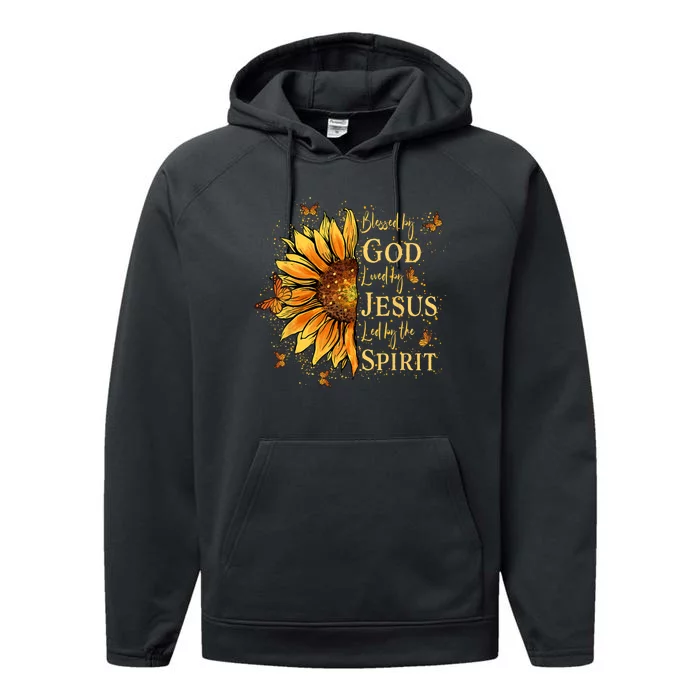 Blessed By God Loved By Jesus Sunflower Performance Fleece Hoodie