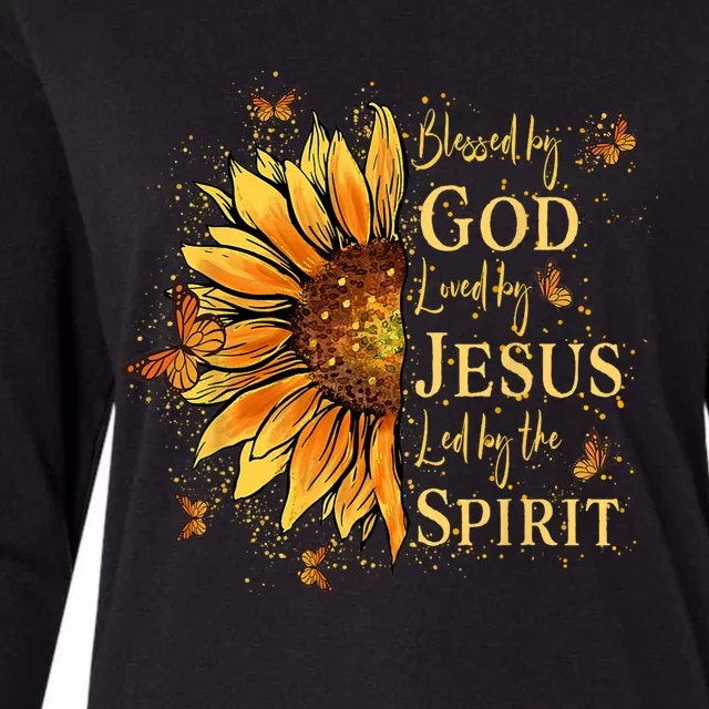 Blessed By God Loved By Jesus Sunflower Womens Cotton Relaxed Long Sleeve T-Shirt