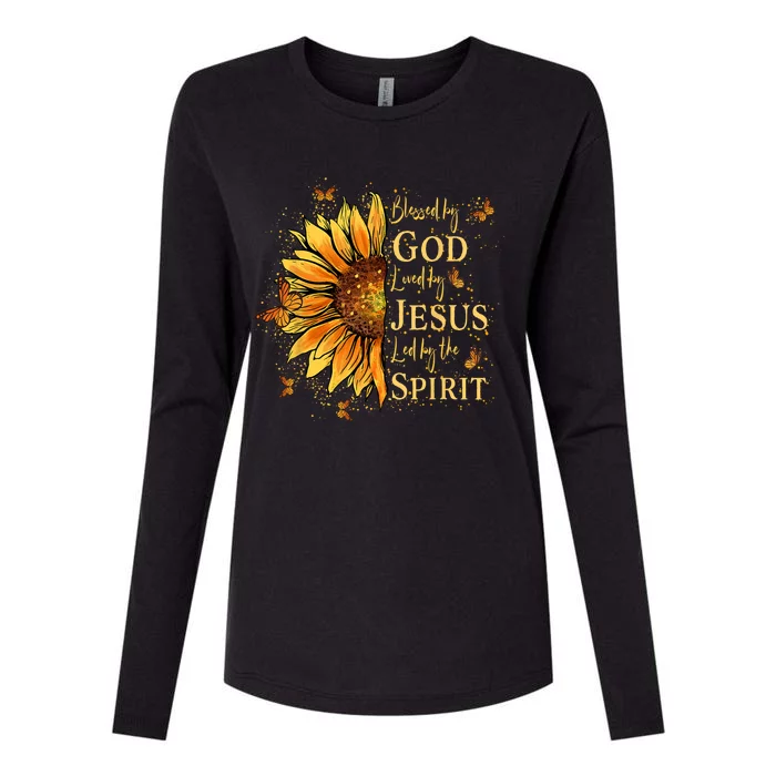 Blessed By God Loved By Jesus Sunflower Womens Cotton Relaxed Long Sleeve T-Shirt