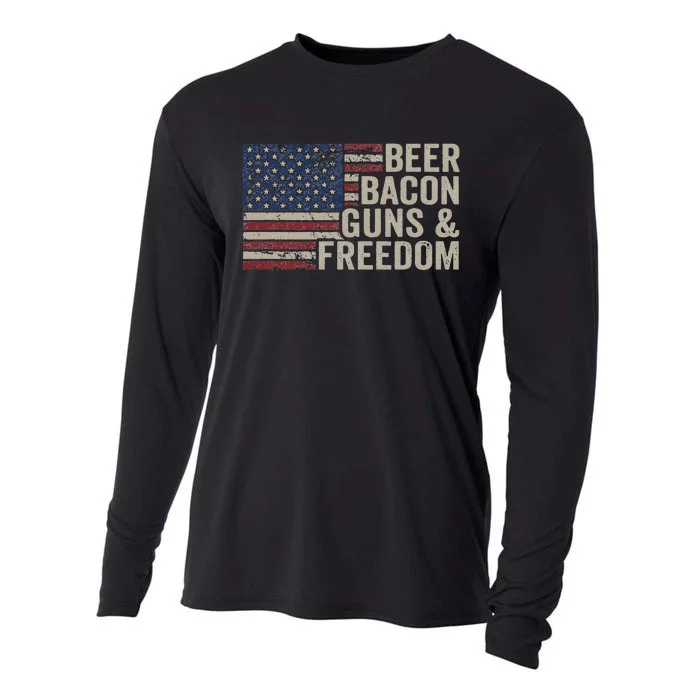 BEER BACON GUNS & FREEDOM BBQ Vintage USA Flag Drinking Cooling Performance Long Sleeve Crew