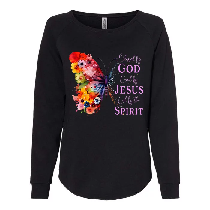 Blessed By God Loved By Jesus Butterfly Womens California Wash Sweatshirt