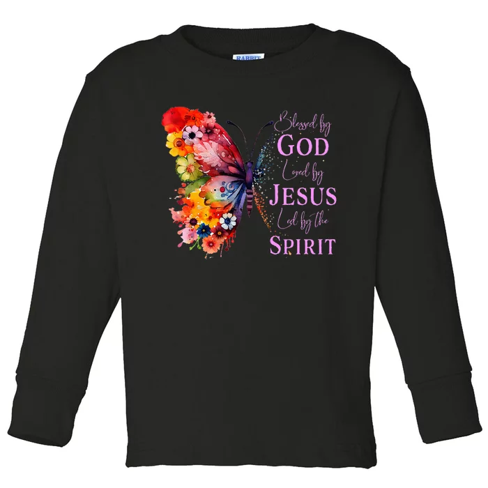 Blessed By God Loved By Jesus Butterfly Toddler Long Sleeve Shirt