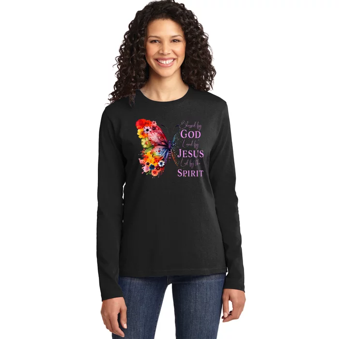 Blessed By God Loved By Jesus Butterfly Ladies Long Sleeve Shirt