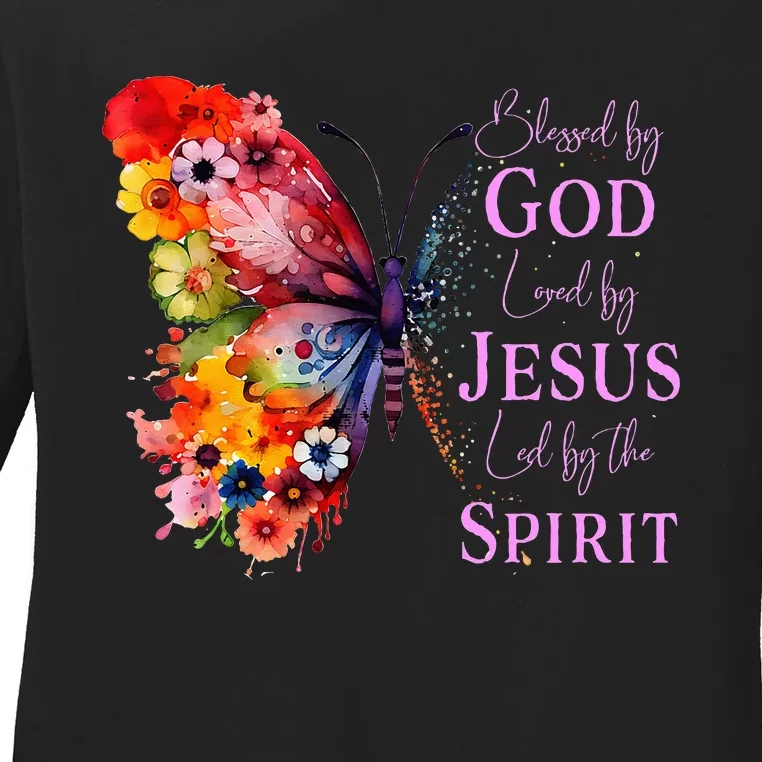 Blessed By God Loved By Jesus Butterfly Ladies Long Sleeve Shirt