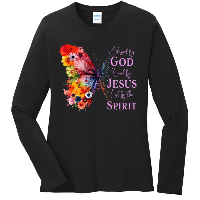 Blessed By God Loved By Jesus Butterfly Ladies Long Sleeve Shirt