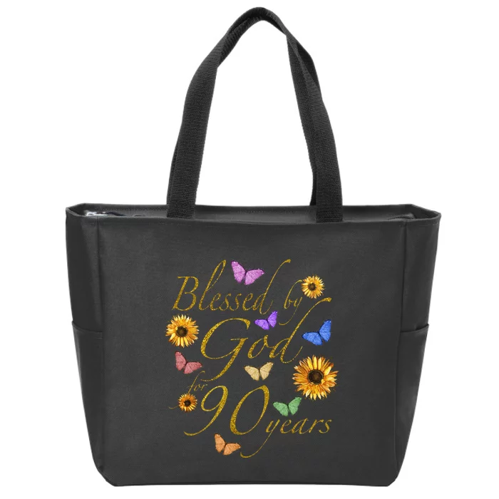 Blessed By God For 90 Year Butterfly Sunflower 90th Birthday Zip Tote Bag