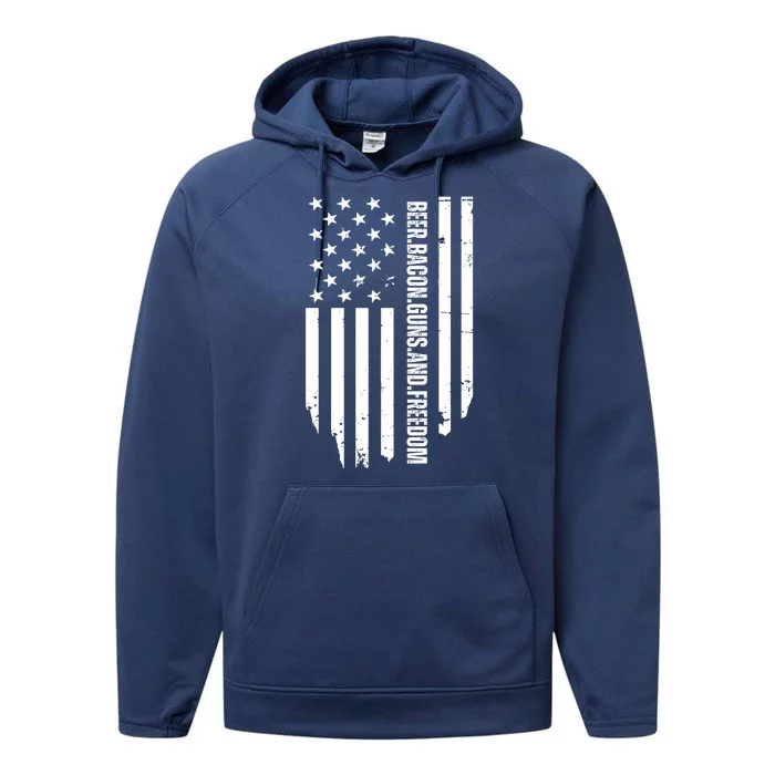 Beer Bacon Guns & Freedom / USA BBQ American Flag Drinking Performance Fleece Hoodie