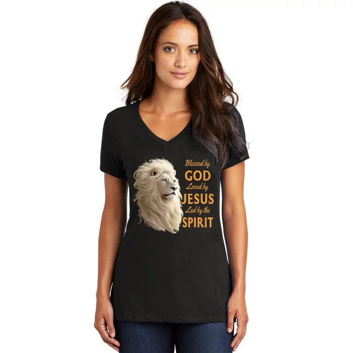 Blessed By God Loved By Jesus Christian Lion Women's V-Neck T-Shirt