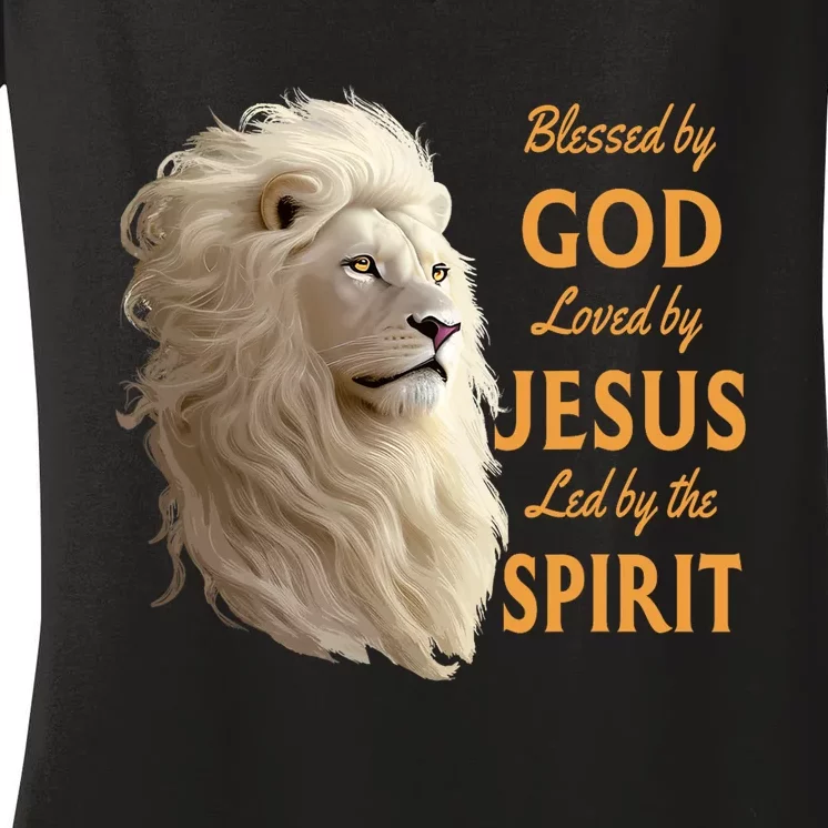 Blessed By God Loved By Jesus Christian Lion Women's V-Neck T-Shirt