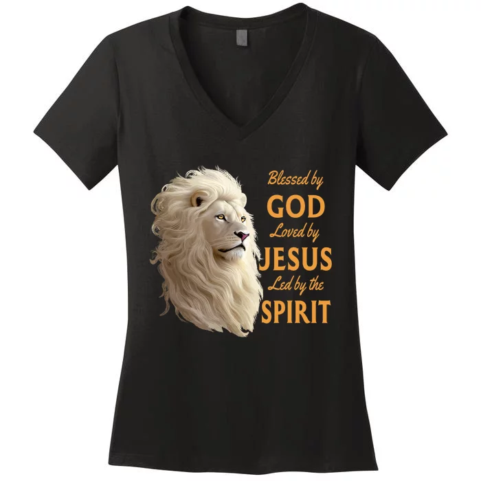 Blessed By God Loved By Jesus Christian Lion Women's V-Neck T-Shirt