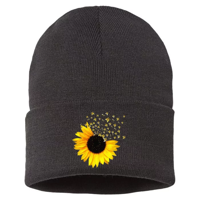 bumble bee. honey bees. bee lover. sunflower. yellow flowers Sustainable Knit Beanie