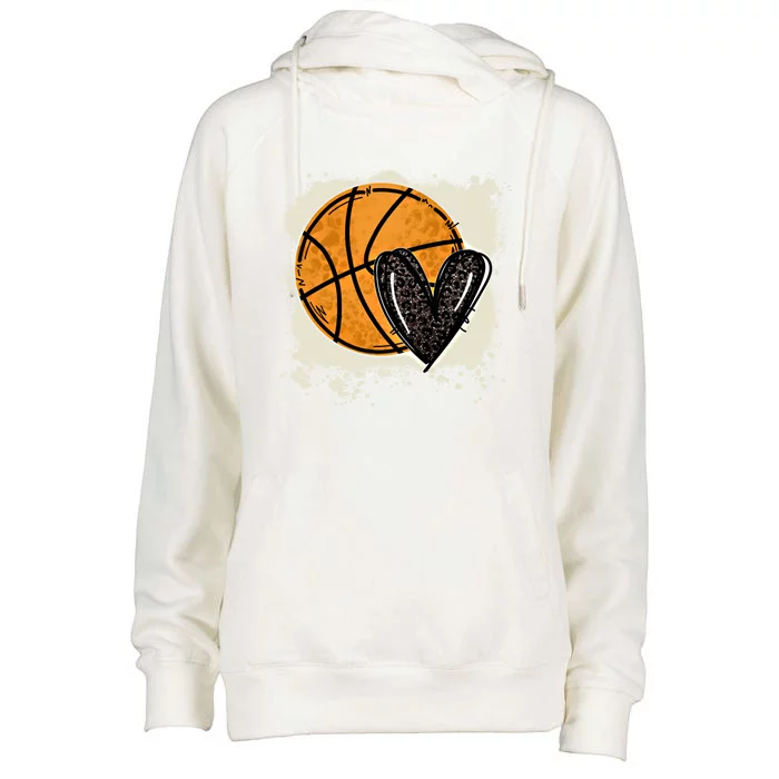 Bleached Basketball Heart Game Day Vibes Basketball Mom Life Gift Womens Funnel Neck Pullover Hood