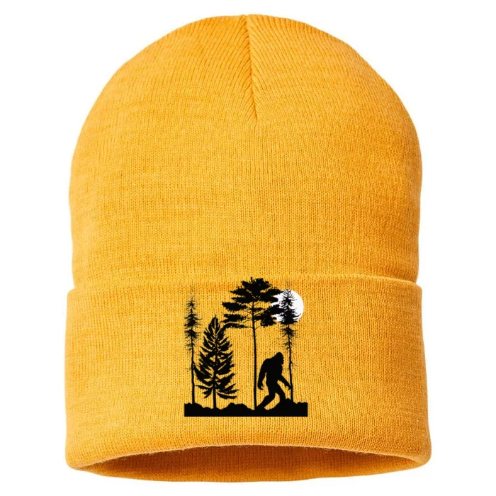 Bigfoo Bigfoot Hiding In Forest At Night Sasquatch Sustainable Knit Beanie