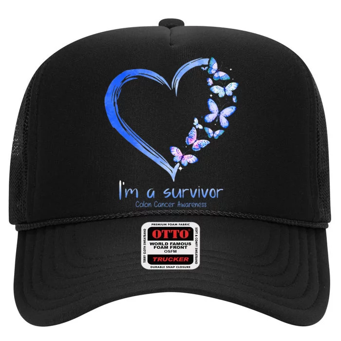 Blue Butterfly Heart Im A Survivor Colon Cancer Awareness High Crown Mesh Trucker Hat