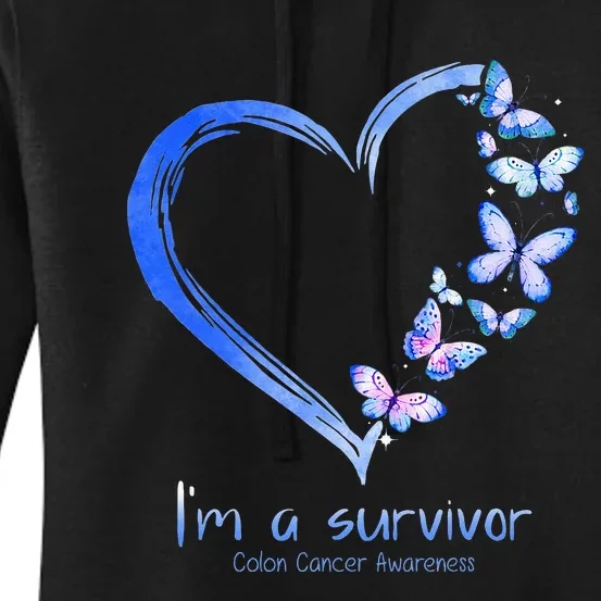 Blue Butterfly Heart Im A Survivor Colon Cancer Awareness Women's Pullover Hoodie