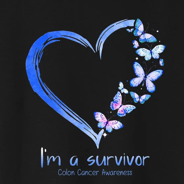 Blue Butterfly Heart Im A Survivor Colon Cancer Awareness Women's Crop Top Tee