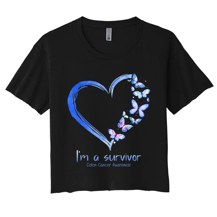 Blue Butterfly Heart Im A Survivor Colon Cancer Awareness Women's Crop Top Tee