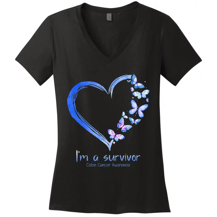 Blue Butterfly Heart Im A Survivor Colon Cancer Awareness Women's V-Neck T-Shirt