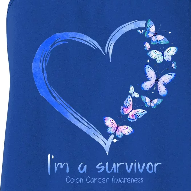 Blue Butterfly Heart I'm A Survivor Colon Cancer Awareness Women's Racerback Tank