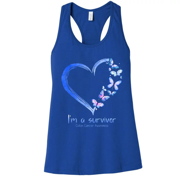 Blue Butterfly Heart I'm A Survivor Colon Cancer Awareness Women's Racerback Tank