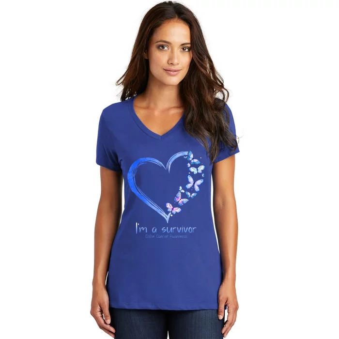 Blue Butterfly Heart I'm A Survivor Colon Cancer Awareness Women's V-Neck T-Shirt